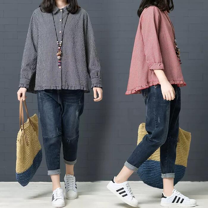 トップス シャツ ブラウス ギンガムチェック フリル レディース エレガント 大人 可愛い きれいめ カジュアル フェミニン 長袖 綿麻 リネン混 シンプル 体...