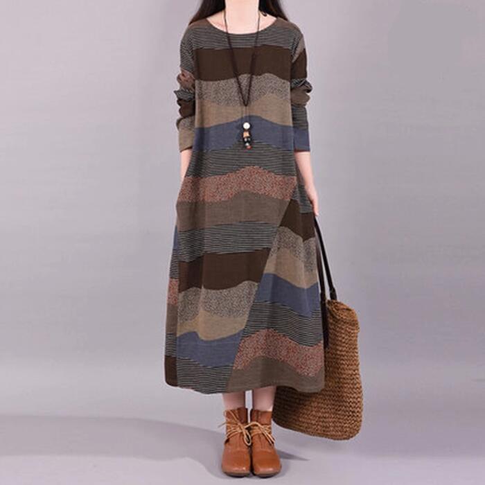 ワンピース ワンピ ドレス 袖あり 綿麻 リネン混 ボーダー パッチワーク風 切り替え プルオーバー レディース きれいめ カジュアル 長袖 大人 可愛い フェ...