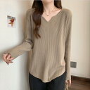 トップス ニット カットソー Tシャツ リブ レディース エレガント 大人 可愛い きれいめ カジュアル フェミニン 長袖 インナー ナチュラル シンプル Vネック 体型カバー ベージュ ブラック 黒 春 秋 冬 20代 30代 40代 50代