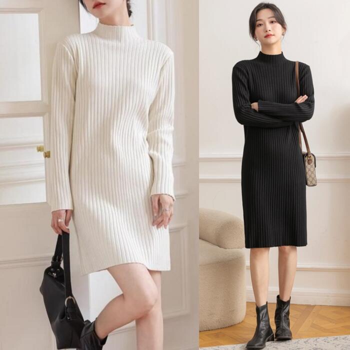 ワンピース ワンピ ドレス ニット タートルネック 袖あり リブ レディース エレガント きれいめ カジュアル 大人 可愛い フェミニン 長袖 ショート丈 ひざ...