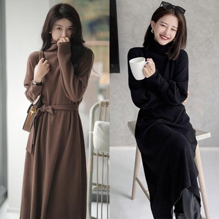 ワンピース ワンピ ドレス ニット タートルネック ハイネック レディース エレガント きれいめ カジュアル 大人 可愛い フェミニン 長袖 ミモレ丈 ハイウエスト シンプル ウエストリボン ブラウン ブラック 黒 春 秋 冬 20代 30代 40代 50代