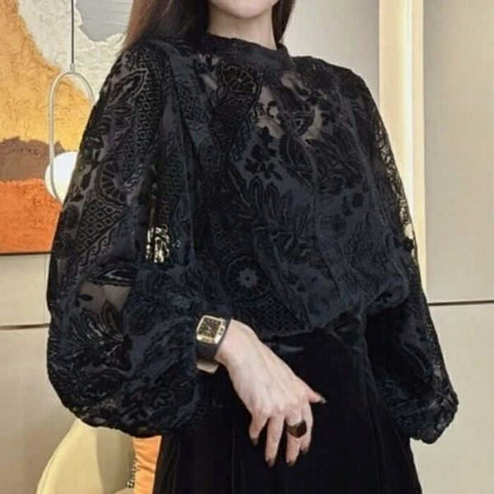 トップス シャツ ブラウス シアー ハイネック エレガント レディース 大人 可愛い きれいめ カジュアル シースルー フェミニン 長袖 パフスリーブ 上品 お...