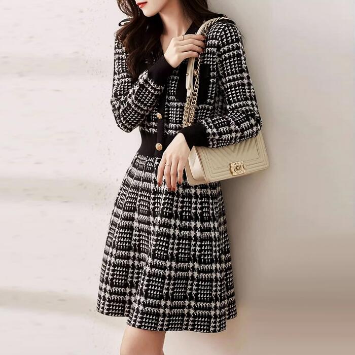 ワンピース ニット ワンピ ドレス 千鳥格子 チェック 袖あり レディース エレガント きれいめ カジュアル 大人 可愛い フェミニン 長袖 ひざ上丈 シンプル Aライン ハイウエスト 上品 通勤 オフィス ブラック 黒 春 秋 冬 20代 30代 40代 50代