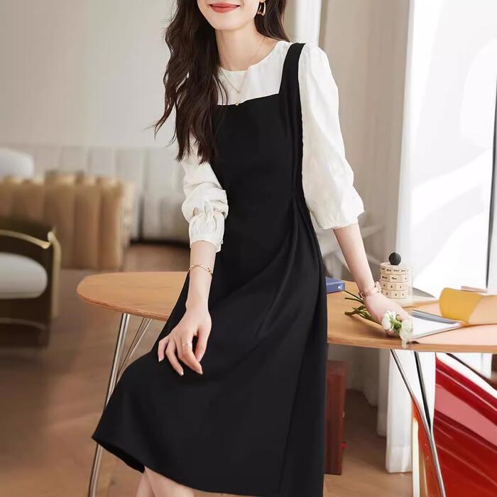 レイヤード風 ワンピース ドレス 切り替え 刺繍 袖あり レディース エレガント きれいめ カジュアル ミモレ丈 大人 可愛い ハイウエスト シンプル 長袖 フ...