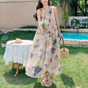 ワンピース ドレス プリント 水彩 レディース エレガント きれいめ カジュアル ロング丈 大人 可愛い シンプル ノースリーブ フェミニン ゆったり ナチュラル おしゃれ Aライン リゾート リラックス ベージュ 春 夏 秋 20代 30代 40代 50代