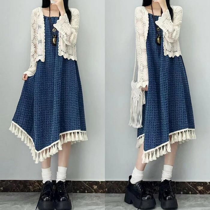 セットアップ 2点セット トップス カーディガン ワンピース キャミワンピ タッセル フリンジ レディース 長袖 ミモレ丈 ゆったり カジュアル 大人 可愛い ...