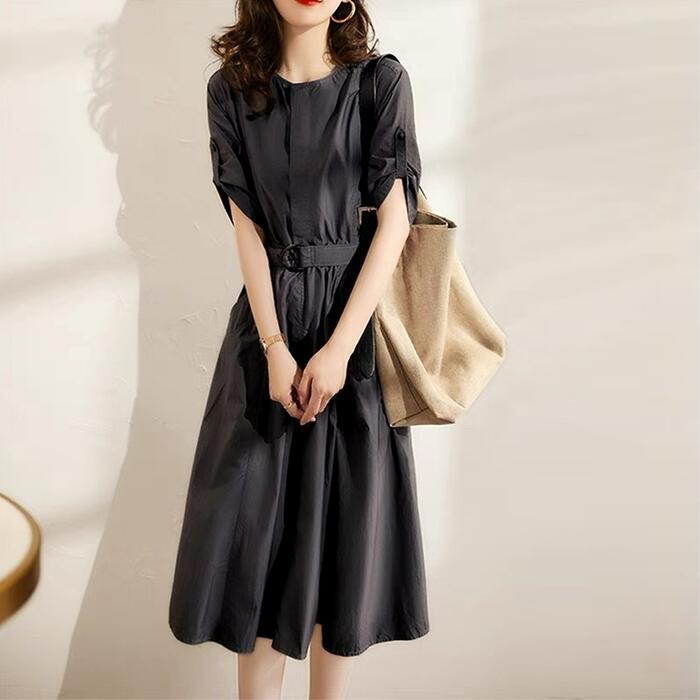 ワンピース ドレス シャツワンピ 袖あり プルオーバー レディース エレガント きれいめ カジュアル ミモレ丈 大人 可愛い 半袖 ウエストベルト シンプル フ...