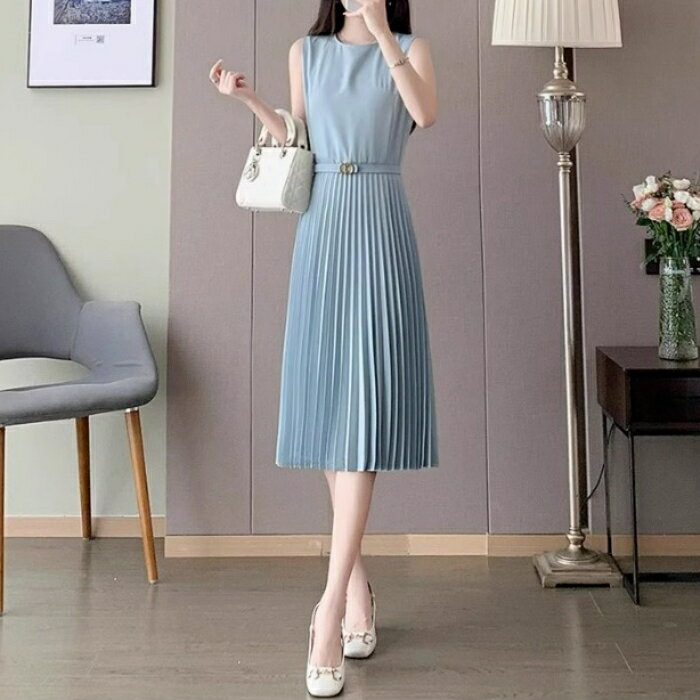 ワンピース ドレス プリーツ 切り替え レディース エレガント きれいめ カジュアル ひざ丈 ミディ丈 大人 可愛い ノースリーブ Aライン フェミニン ウエス...