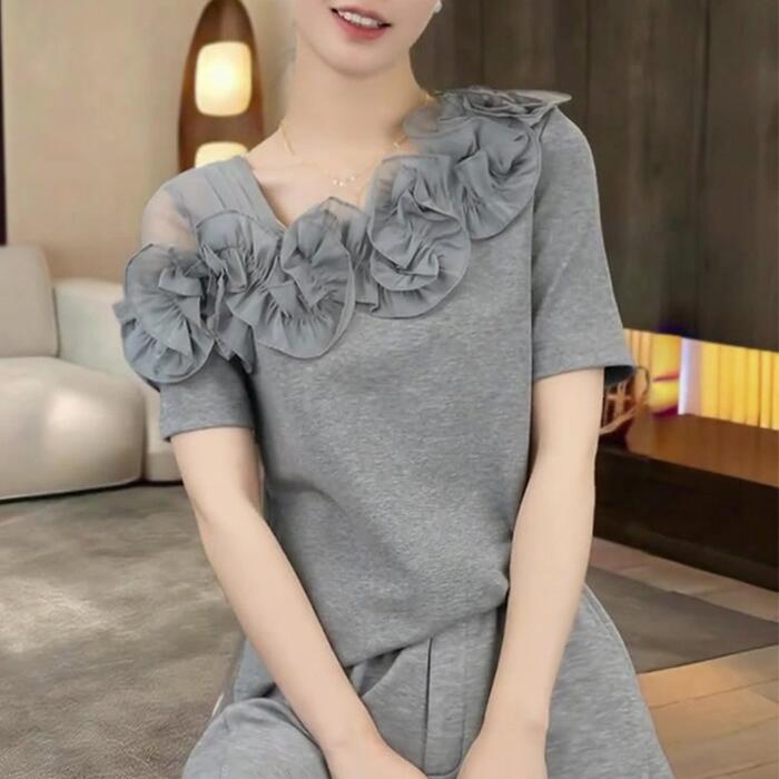 トップス Tシャツ カットソー フリル 花 フラワー レース 透け感 プルオーバー エレガント レディース 大人 可愛い 半袖 きれいめ カジュアル フェミニン...