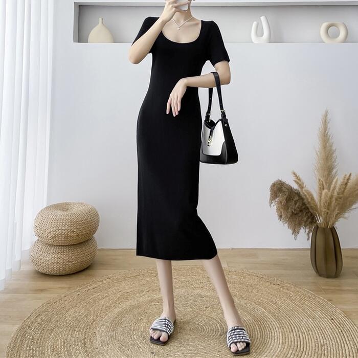 ワンピース ドレス ニット ワンピ プルオーバー 袖あり レディース エレガント きれいめ カジュアル 半袖 ミモレ丈 スクエアネック 大人 可愛い おしゃれ ...