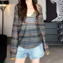 トップス ニット Tシャツ カットソー ボーダー プルオーバー 配色 エレガント レディース 大人 可愛い 長袖 きれいめ カジュアル おしゃれ 透かし編み 透け感 ゆったり レイヤード Vネック マルチカラー 春 秋 夏 20代 30代 40代 50代