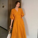【9/3 20時~ セール対象商品】ワンピース ワンピ ドレス パフスリーブ ランタンスリーブ 袖あり レディース エレガント きれいめ カジュアル 大人 可愛い ミモレ丈 五分袖 Aライン シンプル 無地 Vネック ハイウエスト レッド 赤 イエロー 春 夏 秋 20代 30代 40代 50代