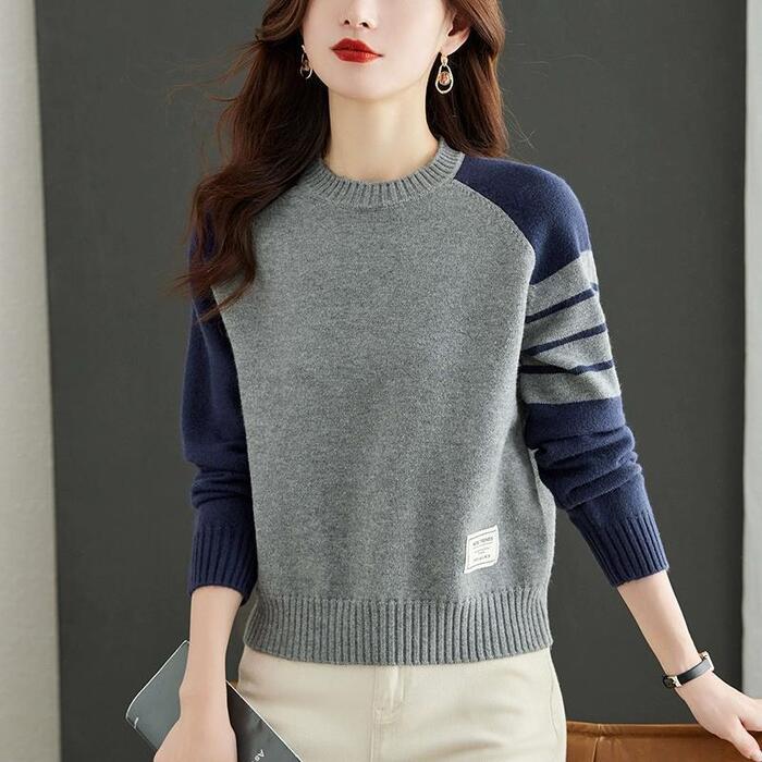 トップス カットソー ニット プルオーバー セーター ラグラン バイカラー エレガント レディース 大人 可愛い きれいめ カジュアル フェミニン 長袖 ライン シンプル おしゃれ レッド 赤 グレー ピンク ベージュ 春 秋 冬 20代 30代 40代 50代