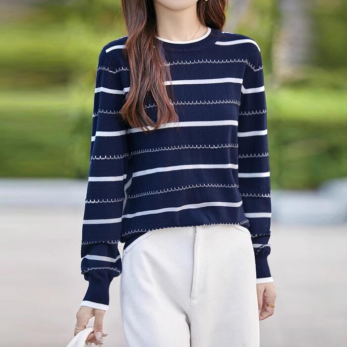トップス ボーダー カットソー ニット プルオーバー セーター クルーネック エレガント レディース 大人 可愛い きれいめ カジュアル フェミニン 長袖 ライン シンプル おしゃれ ネイビー ブルー 青 ベージュ 春 秋 冬 20代 30代 40代 50代