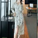 ワンピース ワンピ ドレス レディース きれいめ カジュアル 大人可愛い 春 秋 冬 プリント 水墨 長袖 ミモレ丈 スリム スリット Vネック ウエストリボン ベージュ ブラック 黒 20代 30代 40代 50代 S M L XL