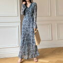 ワンピース ワンピ ドレス レディース きれいめ カジュアル 大人可愛い 春 秋 冬 プリント 花柄 フラワー 長袖 ロング丈 スリム タイト Vネック フリル 青 ブルー 20代 30代 40代 50代 M L XL 2XL 3XL 4XL