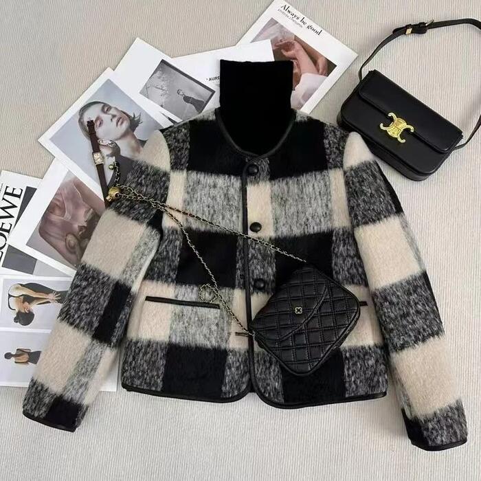 アウター コート ジャケット 羽織り レディース きれいめ カジュアル 大人可愛い 春 秋 冬 中綿 ノーカラー シャギー チェック柄 トラッド ショート丈 長...