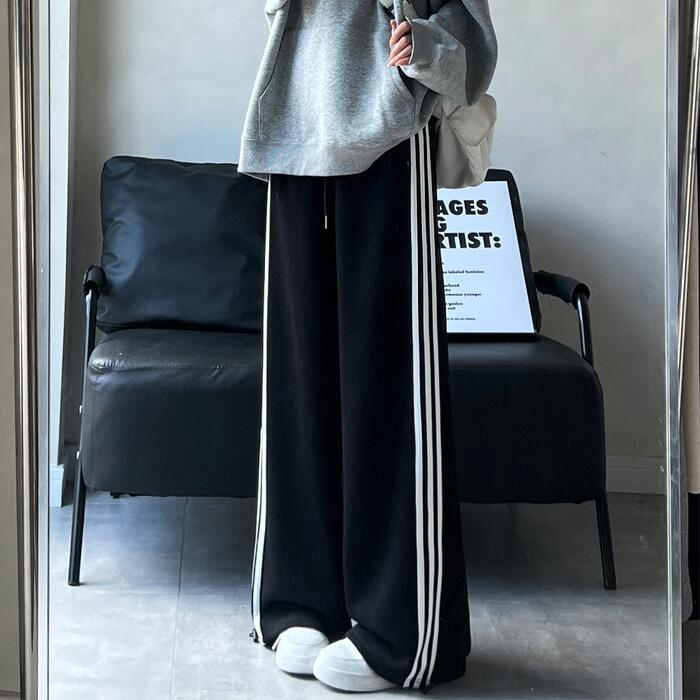 パンツ スウェット レディース きれいめ カジュアル 大人可愛い 春 夏 秋 冬 ロング丈 裏起毛 ウエストゴム サイドライン ジャージ グレー ネイビー ブラック 黒 20代 30代 40代 50代 S M L XL