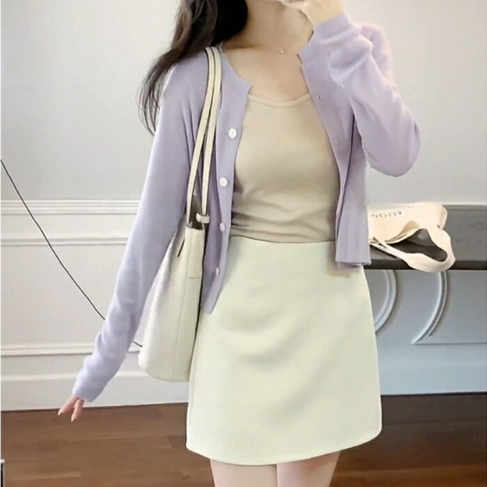 トップス ニット カーディガン セーター カットソー レディース きれいめ カジュアル 大人可愛い 春 秋 冬 クルーネック 長袖 ショート丈 無地 羽織り パープル 紫 20代 30代 40代 50代 S M L XL