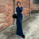 セットアップ ニット セーター トップス スカート レディース きれいめ カジュアル 大人可愛い 春 秋 冬 クルーネック ロング丈 長袖 ツーピース ブルー ...