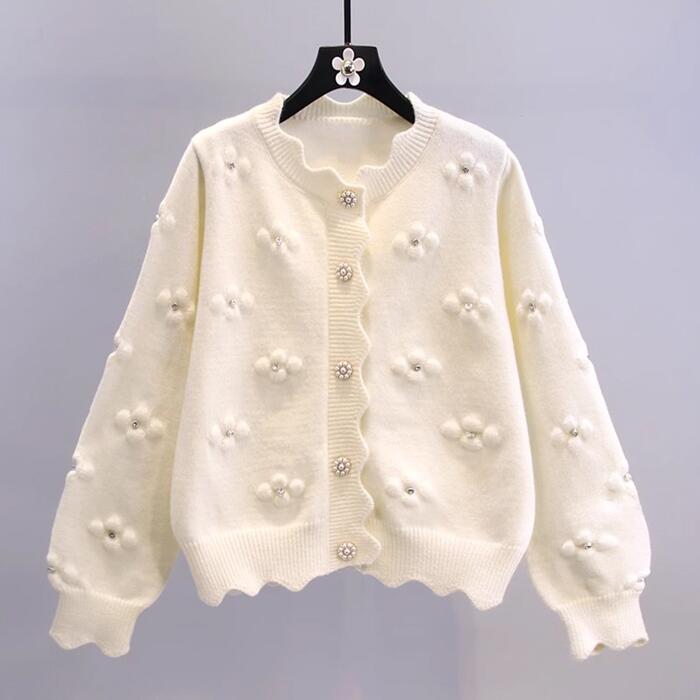 トップス ニット セーター カーディガン レディース きれいめ カジュアル 大人可愛い 春 秋 冬 クルーネック 花柄 ビジュー 長袖 ブルー 青 イエロー ベージュ 20代 30代 40代 50代 S M L XL