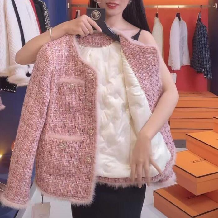 アウター コート ジャケット レディース きれいめ カジュアル 大人可愛い 春 秋 冬 ツイード調 中綿 ノーカラー 長袖 ショート丈 ピンク 20代 30代 40代 50代 S M L XL