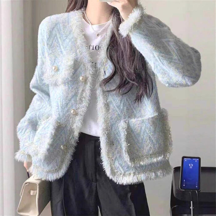 アウター コート ジャケット レディース きれいめ カジュアル 大人可愛い 春 秋 冬 羽織り ノーカラー フリンジ Vネック 長袖 ショート丈 ピンク ブルー 青 パープル 紫 20代 30代 40代 50代 M L XL 2XL