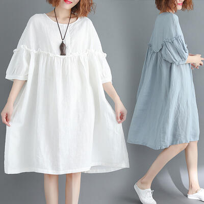 リネン 白 ワンピース ナチュラル 半袖 薄手 涼しい コットン 夏 シンプル 5分袖 カジュアル おしゃれ レディース チュニック 体型カバー 大きいサイズ ...