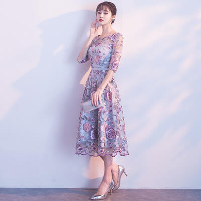 ワンピース ドレス パーティー イベント 夏 きれいめ 袖あり 7分丈 おしゃれ 華やか レディース グレー 刺繍 花柄 フレア Aライン ひざ丈 シースルー ...