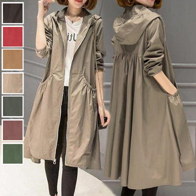 レディース ロング丈 春 コート ミセス アウター 可愛い フード付 ウインドブレーカー Aライン 通勤 長袖 大きいサイズ ブラック 黒 レッド 赤 ブラウン...