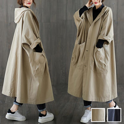 アウター レディース ロング 春 コート 長袖 フード付 ビッグシルエット オーバーサイズ Aライン 体型カバー かっこいい シンプル カーキ ブラック 黒 秋...