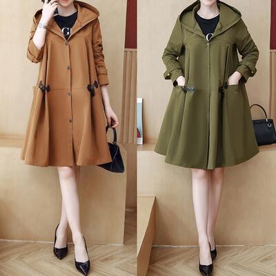 【一部即納】アウター レディース フード付き コート ミセス アウター シンプル 長袖 Aライン カジュアル ジャケット スプリングコート 体型カバー カーキ ...