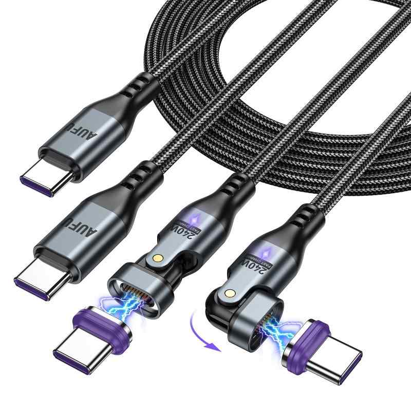 PD240W USB Type C ケーブル 16pin マグネット 充電ケーブル L字型 180°回転可【1.8M】5A急速充電 データ転送可 片手操作 タイプc 充電ケーブル AndroidなどType-C機種対応【AUFU】(ブラック・2本組)