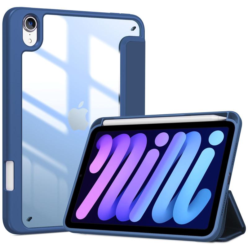 ProCase iPad Mini A17 Pro 第7世代 2024 Mini6 ケース 2021 8.3インチ ペンホルダー オートスリープ/ウェイク機能 耐衝撃 三つ折りスタンド 透明バックカバー 適用機種：iPad Mini A17 Pro 第7