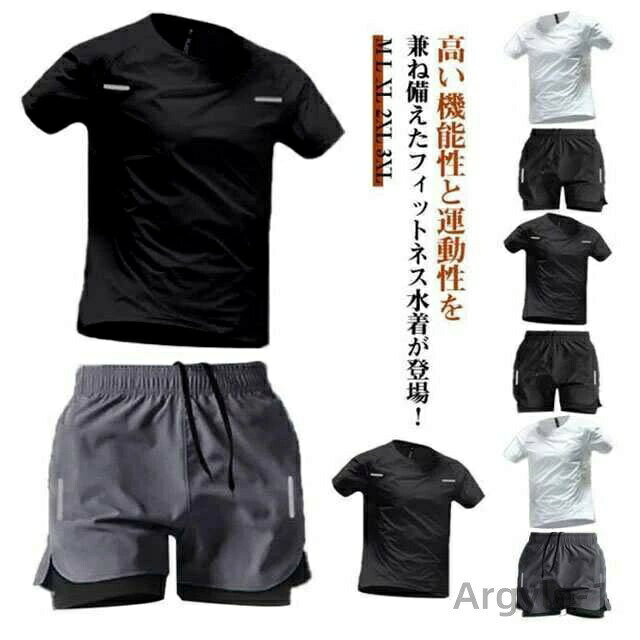 【送料無料】ラッシュガード 水着 メンズ 上下セット スポーツウェア フィットネス 半袖 体型カバー 水陸両用 2点セット サーフパンツ