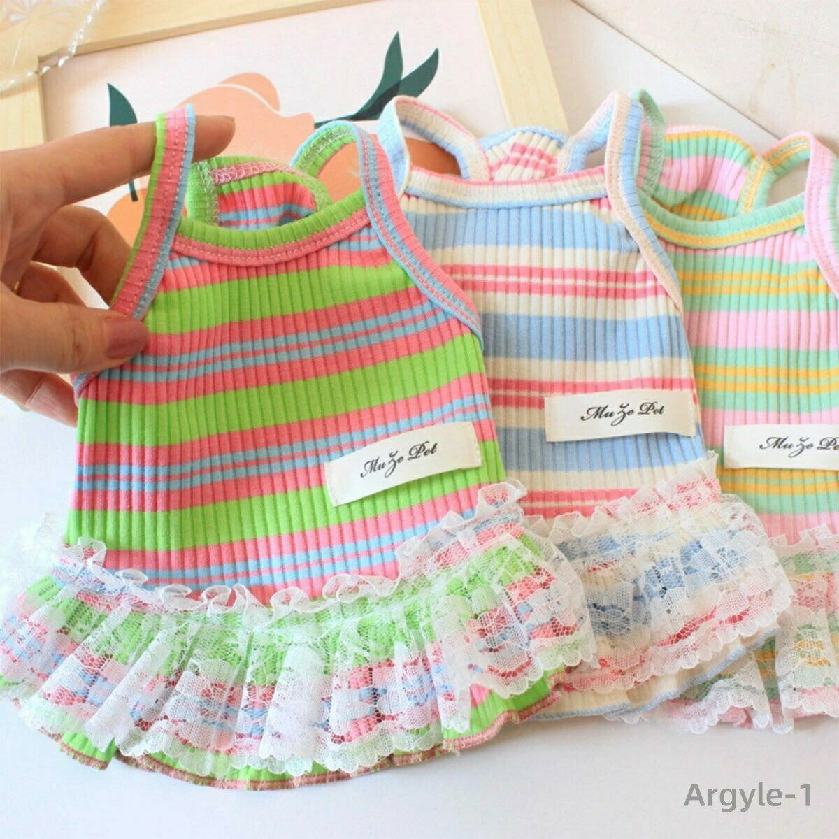 【送料無料】犬服 夏服 ワンピース キャミワンピース 春 夏 マルチボーダー柄 レース付き キャミソール 可愛い 綿製 小型犬 韓国風 お揃い