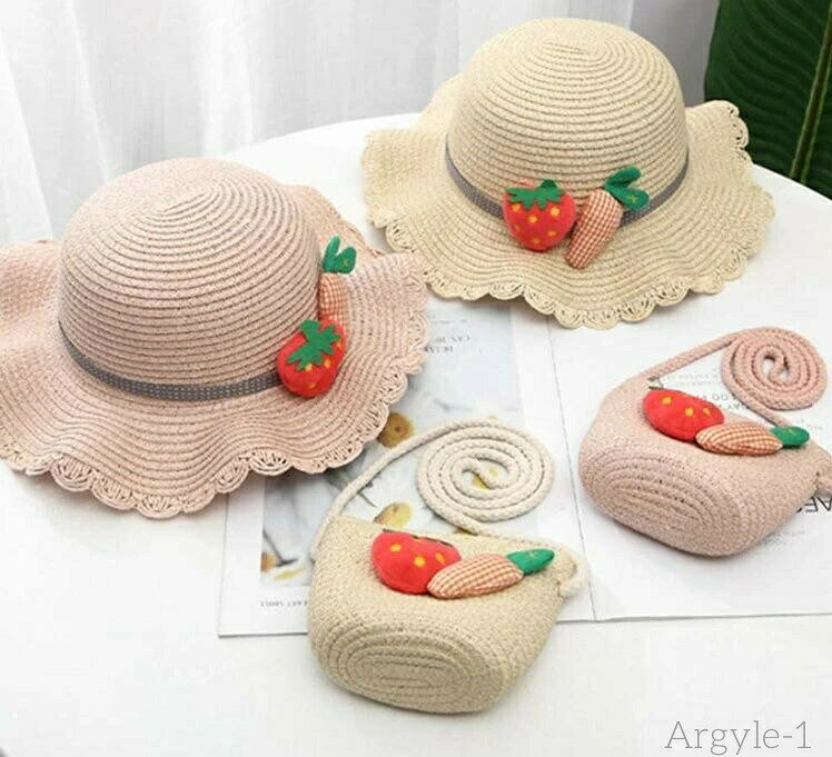 Cap - 【送料無料】女の子 かわいい 日よけ帽子 日焼け対策 紐付き キッズ夏帽子 子供用帽子 セット ポシェット 女の子 帽子 麦わら帽子