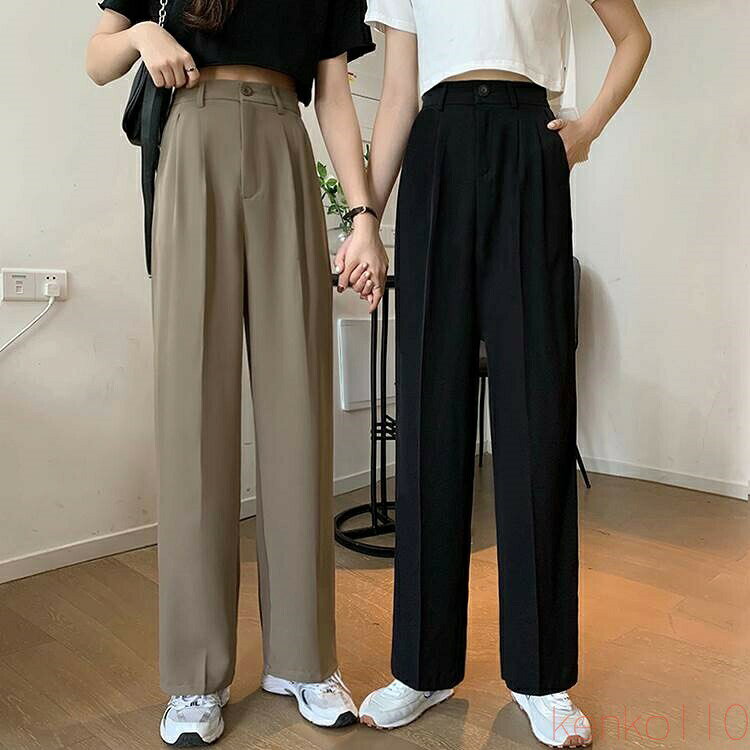 ルーズなシルエットが素敵なパンツ。程よくフィットするラインでこなれ感たっぷり◎落ち着いたカラーで大人な雰囲気に♪ハイウエストデザインで脚長効果も抜群です！【カラー】ブラック、カーキ【サイズ】S着丈：96cmウエスト：60-80cmM着丈：97cmウエスト：62-82cmL着丈：98cmウエスト：64-84cm※1-3cmほどの誤差がある場合がございます。 【発送について】お取り寄せ商品のため、ご入金確認後、お届けまでに「10-24日程度」のお時間がかかります。通常よりもお時間がかかってしまう場合もございます。欠品や商品の不具合などにより、商品をお届けすることができず、ご注文をキャンセルさせていただく場合もございますのでご了承ください。【商品について】海外製品のため日本商品に比べ品質が劣ります。糸のほつれ、多少の汚れやシミ、ファスナーが固い、デザインの若干の違いなどは不良品には該当しませんのでご了承ください。お手持ちの携帯やPCの画面設定の影響により、実物と色味が異なって見える場合がございます。【返品について】ご注文確定後のキャンセルや内容変更はお受けすることができません。不良品の場合を除き、返品・交換はお受けできませんのでご了承ください。ant128パンツ レディース ストレートパンツ ワイドパンツ センタープレスパンツ S M L ブラック 黒 カーキ 大人カラー くすみカラー モノトーン 無地 センタープレス ワイド ロング丈 ロング ウエストゴム ハイウエスト フェミニン カジュアル きれいめ きれカジ クール モード スタイリッシュ メンズライク マニッシュ ボーイッシュ ゆったり ゆる ルーズ 定番 着回し シンプル ベーシック 学生 通学 休日 お出かけ 体型カバー 着やせ 大人 大人可愛い こなれ感 存在感 主役級 韓国 オルチャン