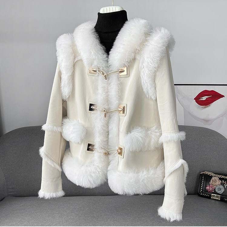 巻きラムファー　Wフェイス　ラビットファームートンジャケット　ショート丈　レディース 秋冬 アウター 毛皮　アイポリー/ブラウン　S/M/L j1a24