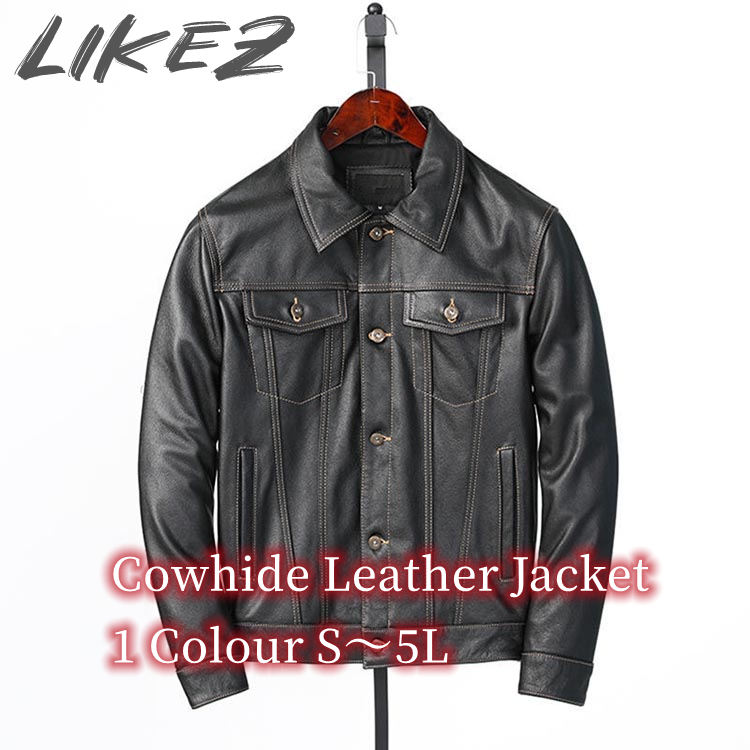 Rakuten - カウレザー ジャケット レザー コート アウター 長袖 ショート メンズ 秋冬 牛革 本革 ブラック S/M/L/2L/3L/4L/5L k4b30