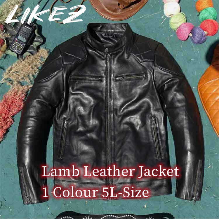 Leather Jacket - ラムレザー レザー ジャケット コート ライダース アウター 長袖 メンズ 秋冬 本革 ブラック 5L k4b56
