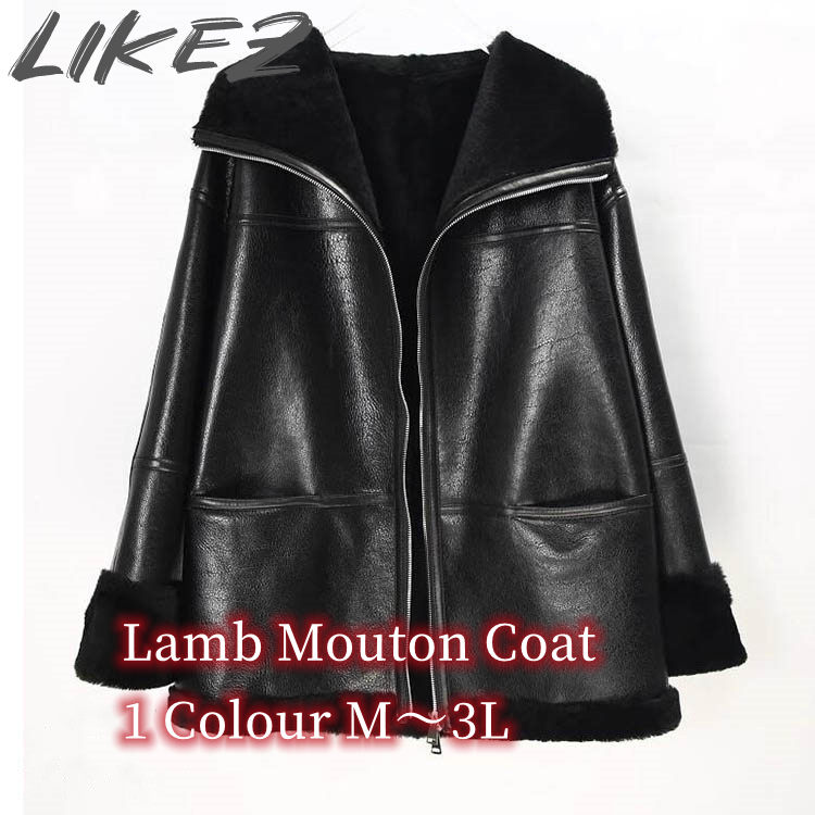 Mouton - ラムムートン ラムレザー ジャケット コート レディース 冬 アウター ムートン レザー 毛皮 黒 ブラック M/L/2L/3L k1a10