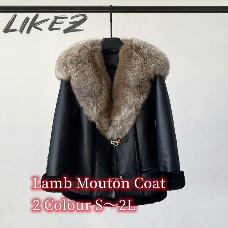 ジャケット コート ラムムートン フォックス レディース 冬 ショート ミドル アウター 毛皮 レザー ラムレザー ブラック/グレージュ M/L/2L/3L k1a38