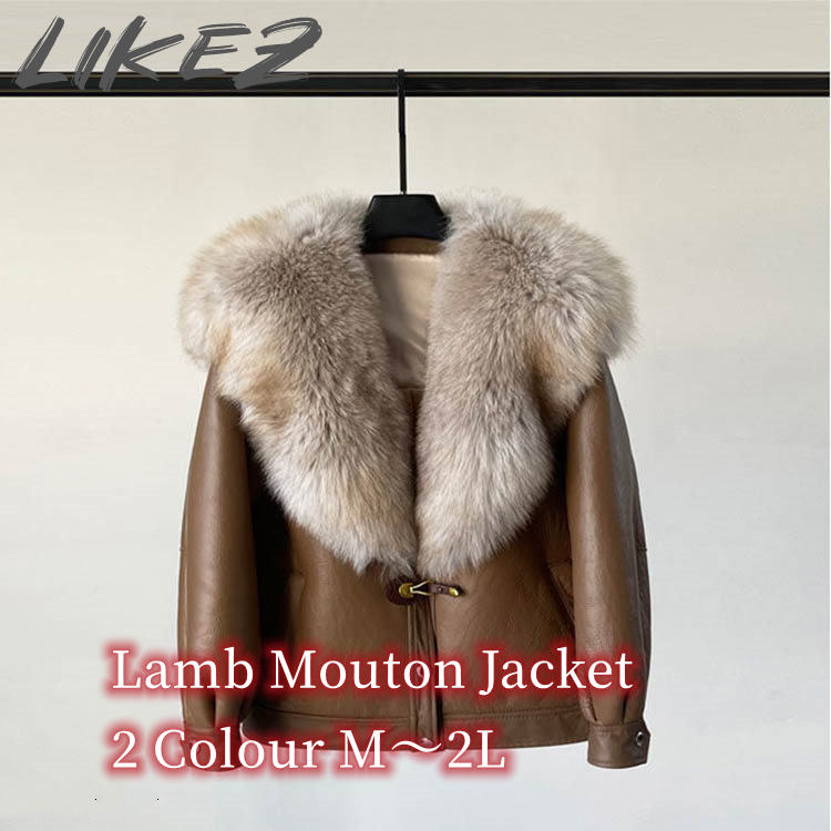 ジャケット コート ラムムートン フォックス レディース 冬 ショート アウター 毛皮 レザー ラムレザー カーキブラウン/ブラウン M/L/2L k1a39