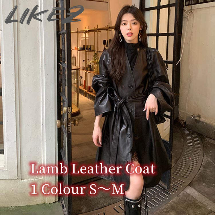 ベルト付き ラムレザーコート ミドル丈 ノーカラー レディース 秋冬 アウター レザー 毛皮 ブラック S/M k1b11
