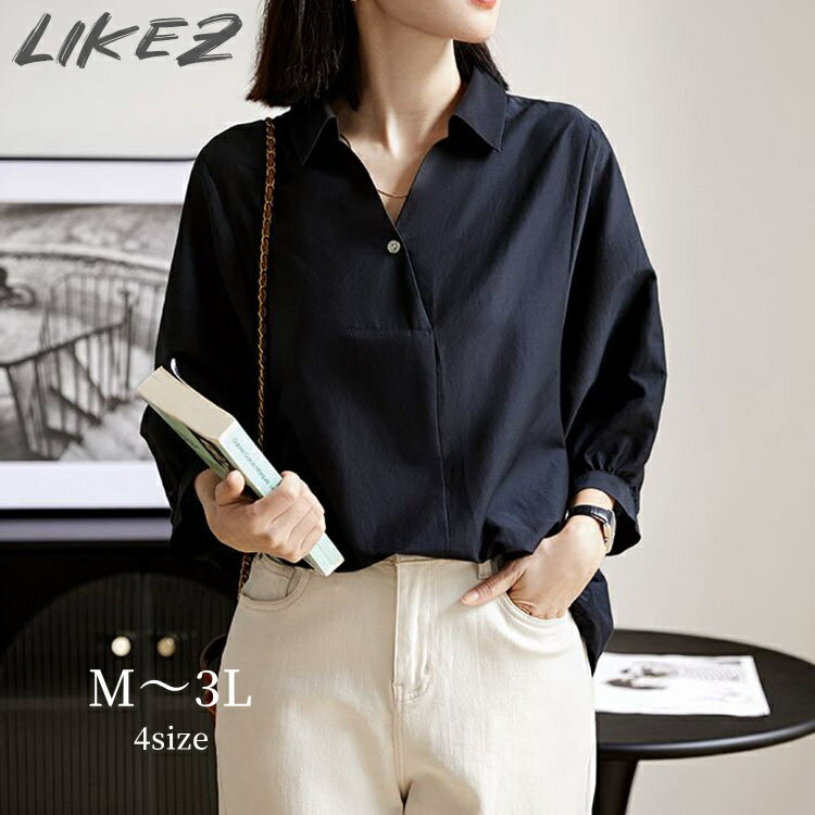 3-Quarter Sleeves - シャツ ブラウス 七分袖 春夏 レディース ネイビー M/L/2L/3L k1o52【メール便】【送料無料】