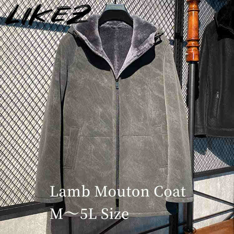 Leather Jacket - 2025 秋冬 新作 ラムムートン ラムレザー コート フード メンズ アウター 羊皮 本革 秋/冬 グレー M/L/2L/3L/4L/5L l4a16