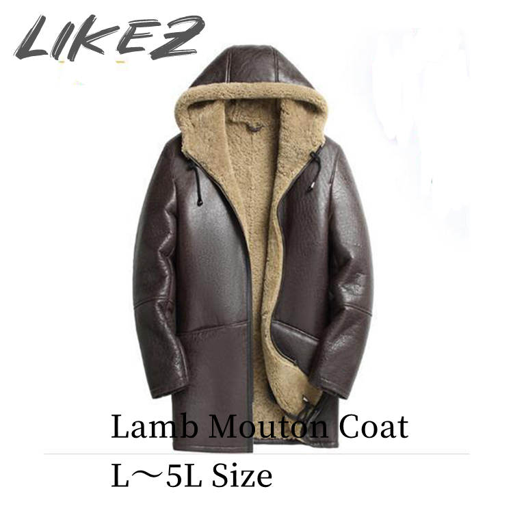 2025 秋冬 新作 ラムムートン ラムレザー 羊革 フード コート 本革 メンズ 秋/冬 アウター ブラウン L/2L/3L/4L/5L l4a19