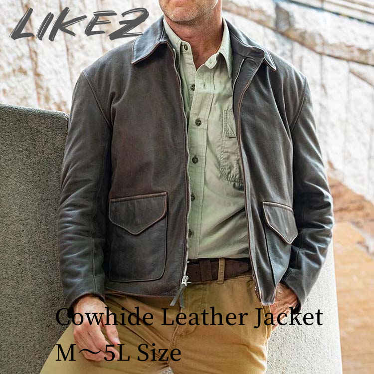 Leather Jacket - 2025 秋冬 新作 牛革 レザー ジャケット コート メンズ カウレザー アウター 本革 秋/冬 ブラウン M/L/2L/3L/4L/5L l4b11