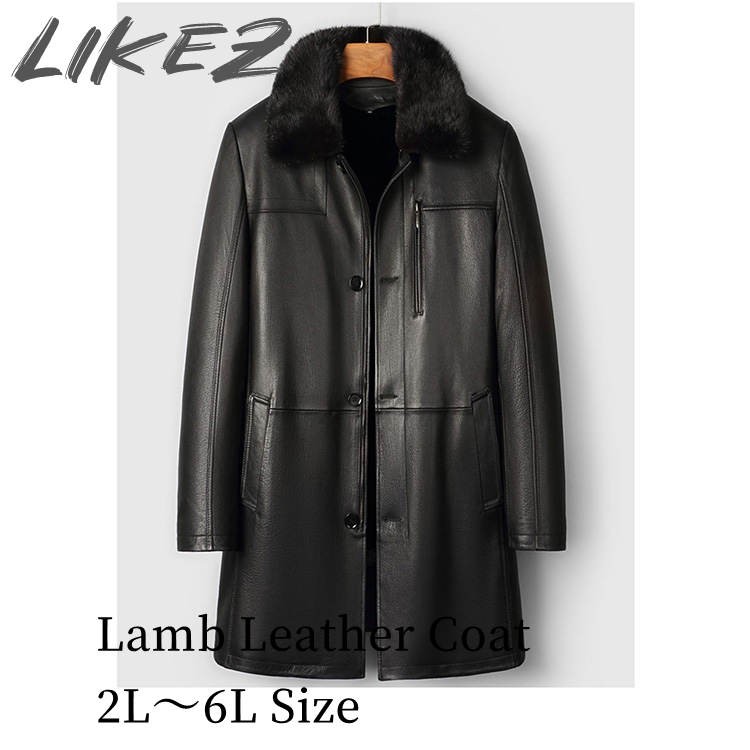 Leather Jacket - 2025 秋冬 新作 ゴートレザー 山羊革 ミンク ジャケット コート ミンク襟取り外し可 本革 メンズ 秋/冬 アウター ブラック 2L/3L/4L/5L/6L l4b28